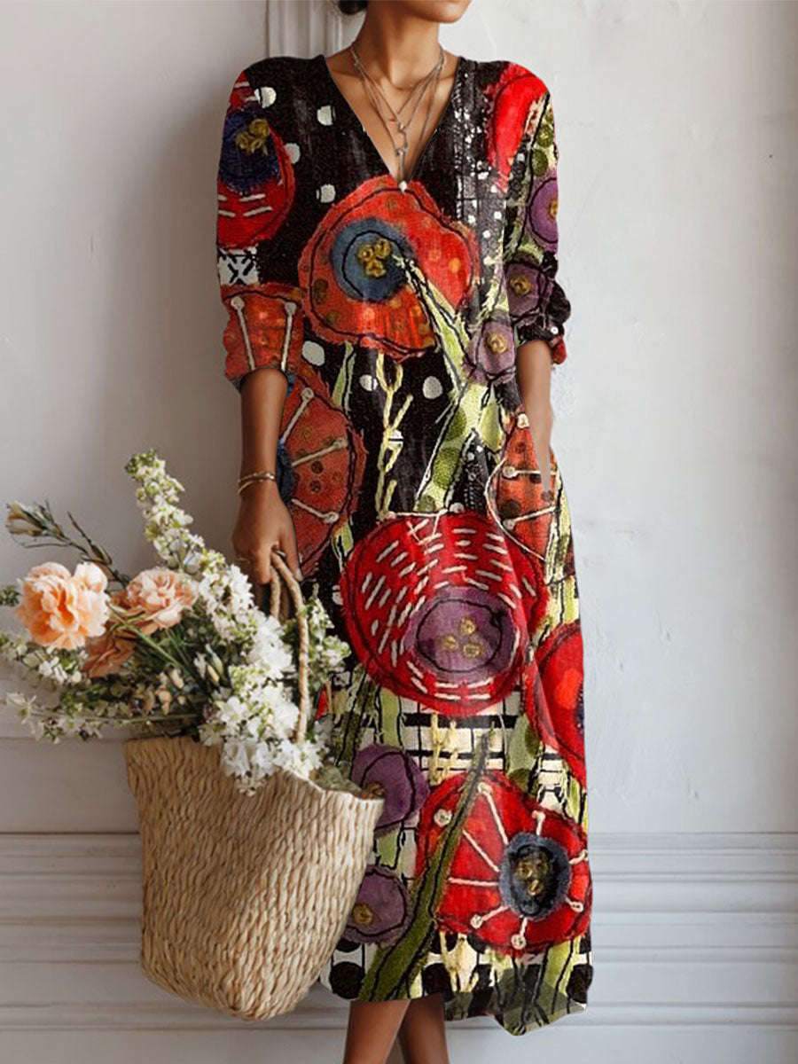 Women's Vintage Flower Art Print Linen Pocket Dress