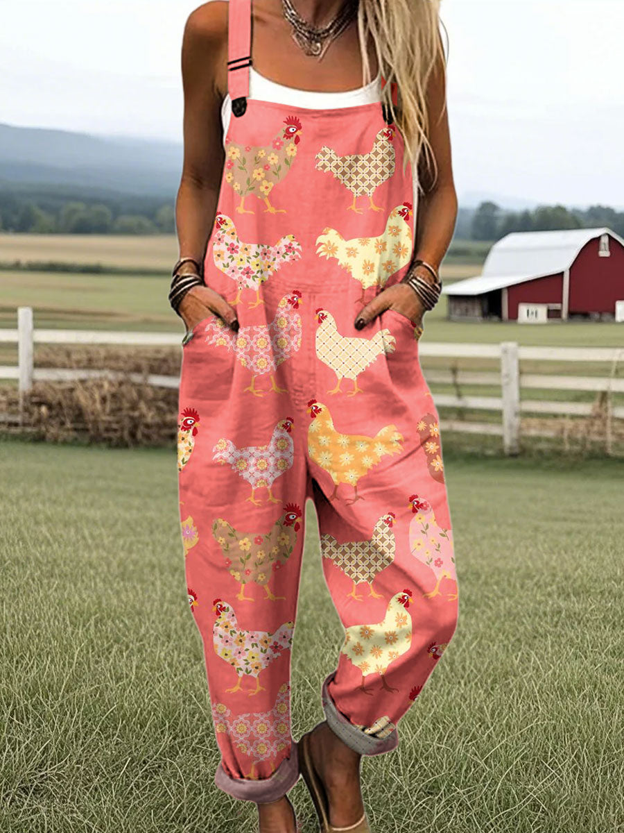 Women's Funny Chicken Art Print Casual 100% Cotton Wide Leg Jumpsuit