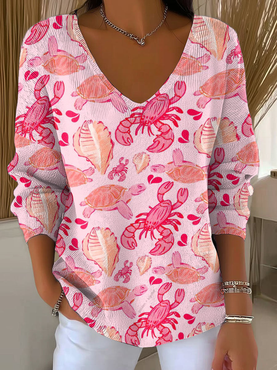 womens-pink-sea-creature-pattern-casual-pullover-sweater