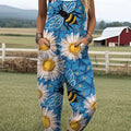 Women's  Funny Flower Bee Art Print Casual 100% Cotton Wide Leg Jumpsuit