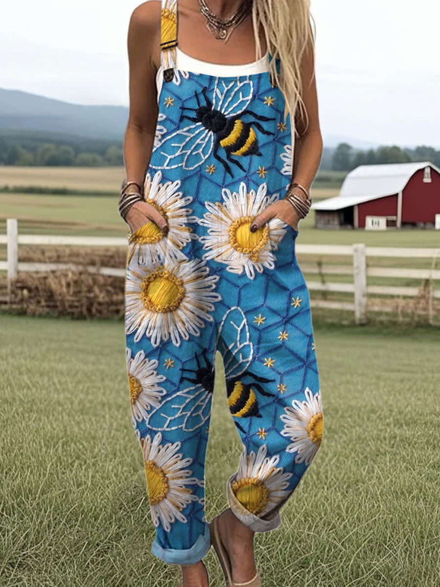 Women's  Funny Flower Bee Art Print Casual 100% Cotton Wide Leg Jumpsuit