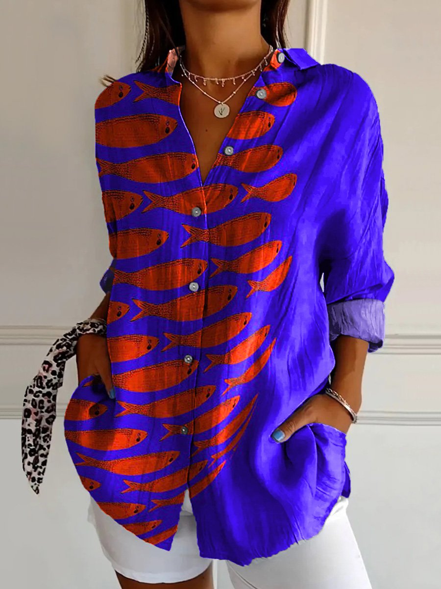 Sardine Fish Swarm Pattern Printed Women's Casual Cotton Shirt