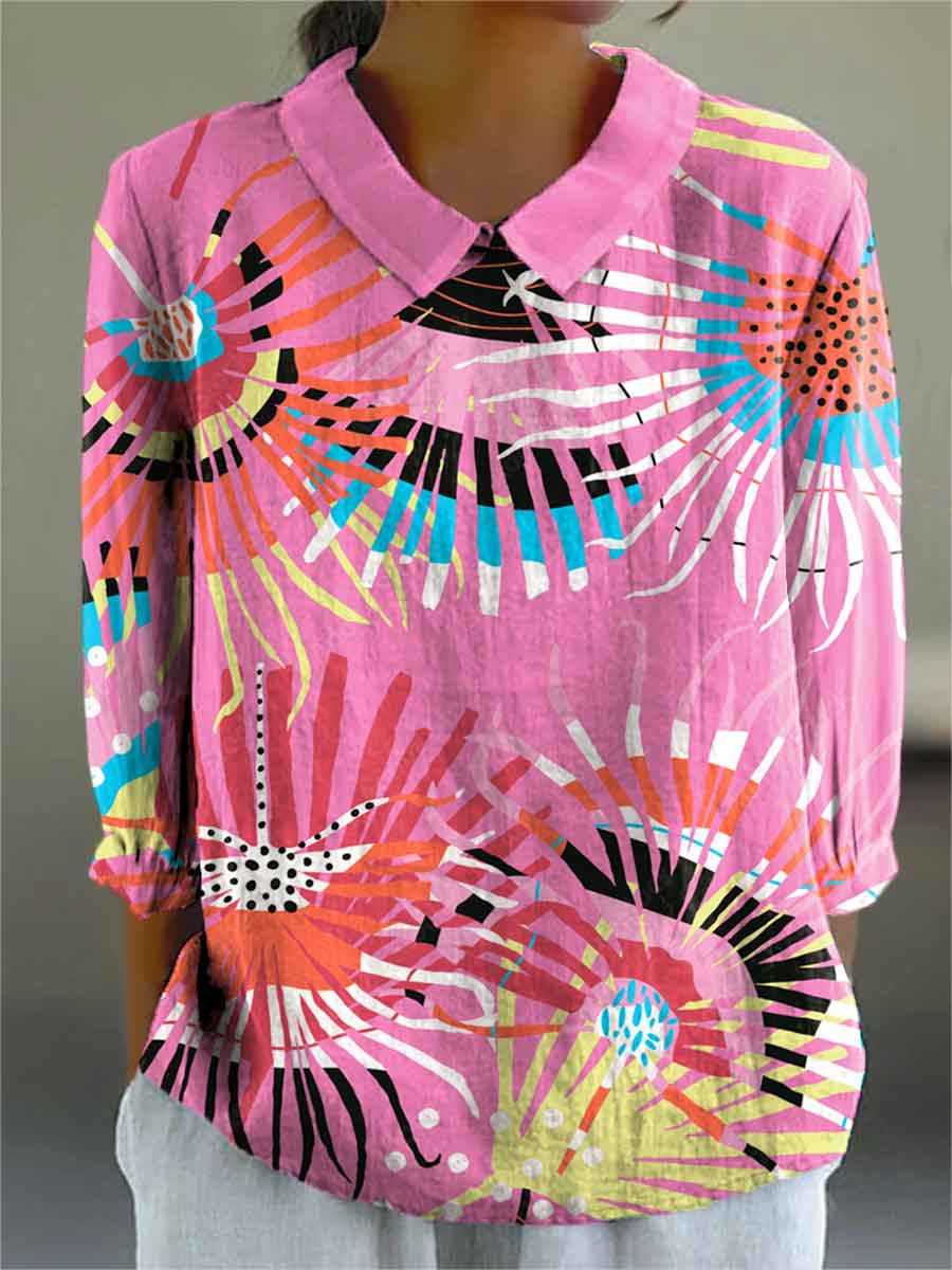Women's Abstract Floral Pattern Print Casual Cotton And Linen 3/4 Sleeve Shirt