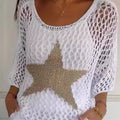 Women's Round Neck 3/4 Sleeves Five-Pointed Star Hollow Knitted Casual Top