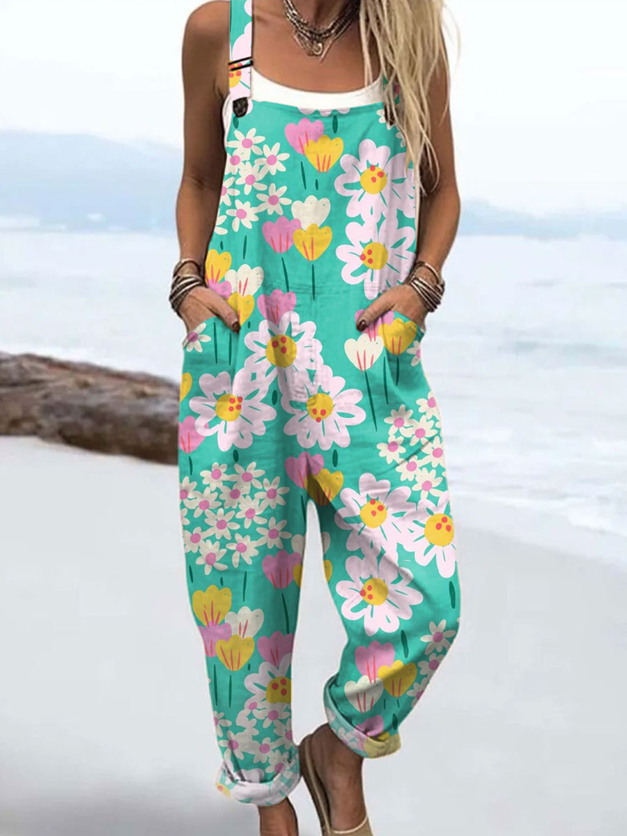 Women's Floral  Art Print Casual 100% Cotton Wide Leg Jumpsuit