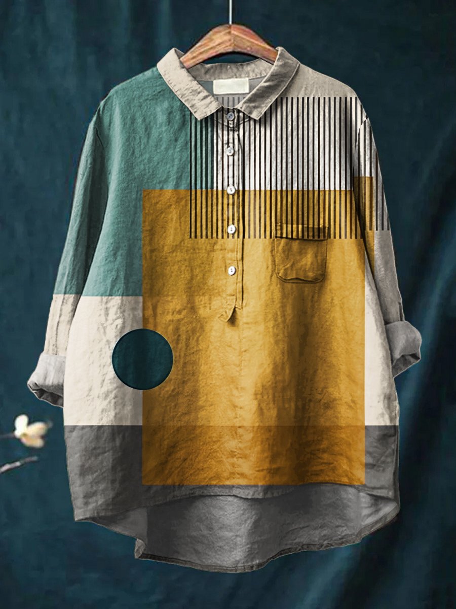 Women's Geometric Stripes Abstract Art Print Casual Cotton And Linen Shirt