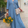 Women's Solid Color V-Neck 3/4 Sleeve Casual Cotton and Linen Loose Dress