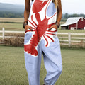 Women's Vintage Lobster Art Print Casual 100% Cotton Wide Leg Jumpsuit