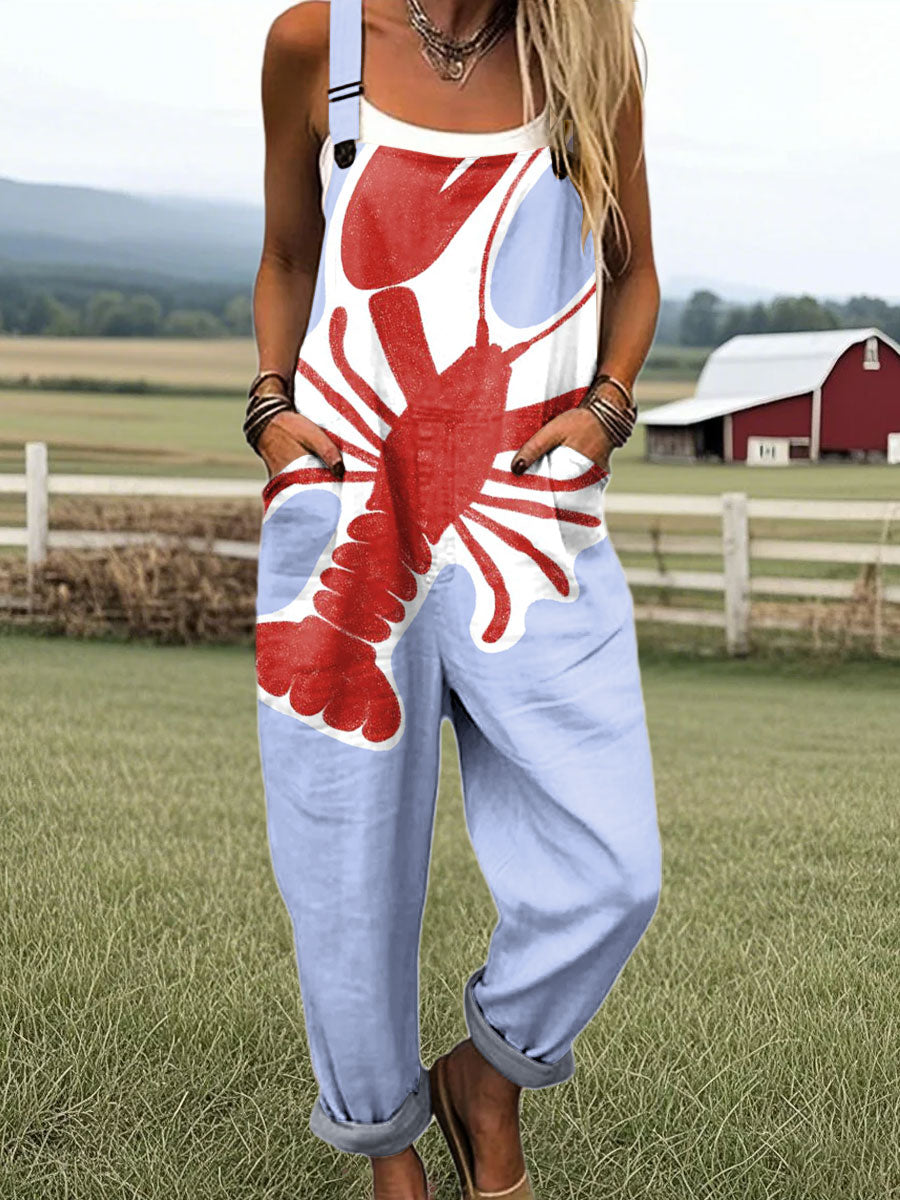Women's Vintage Lobster Art Print Casual 100% Cotton Wide Leg Jumpsuit