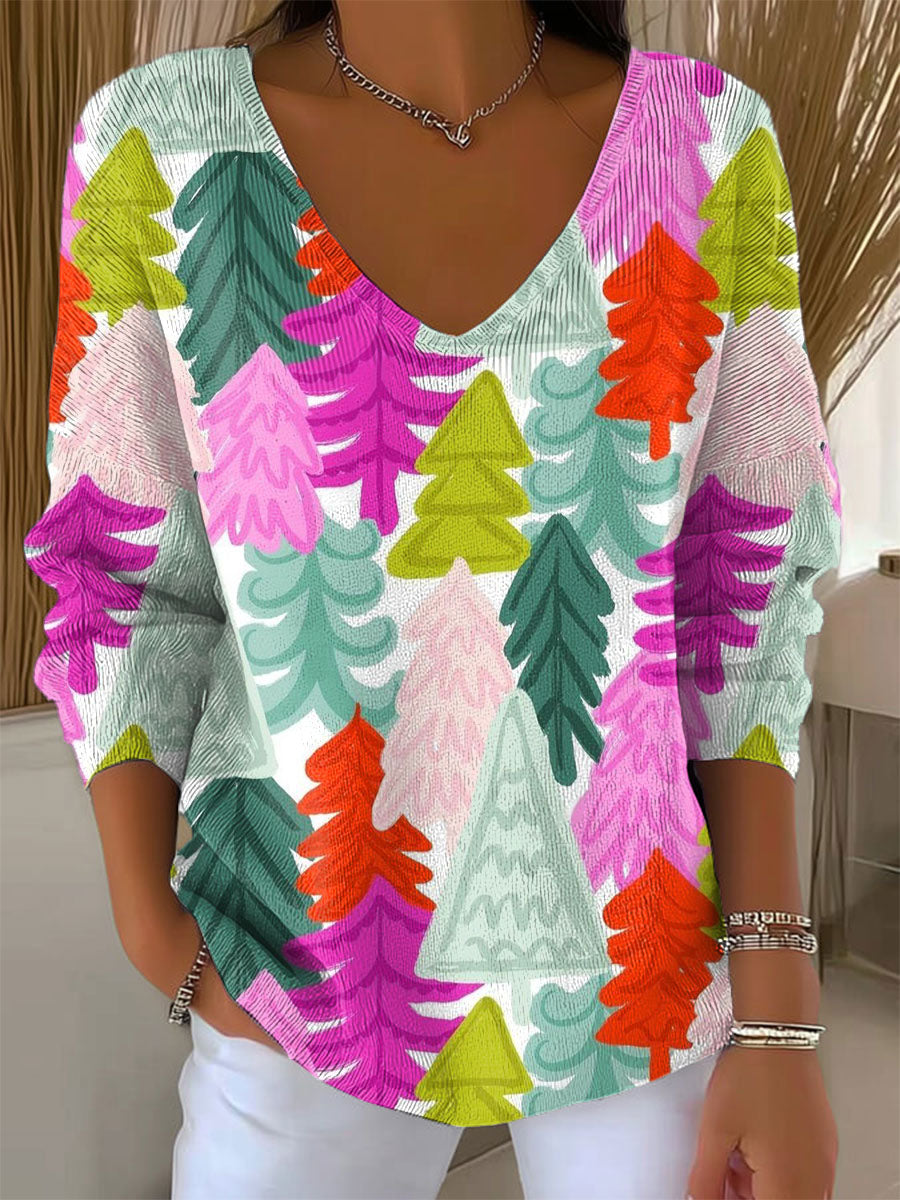Women's Vintage Christmas Tree Art Print Casual Pullover Sweater