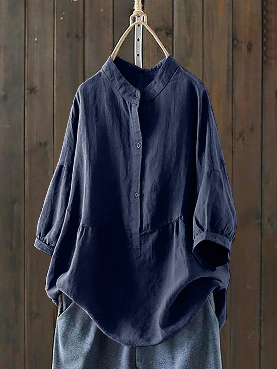 Women's Single Breasted Solid Color Pullover Casual Loose Cotton And Linen Shirt