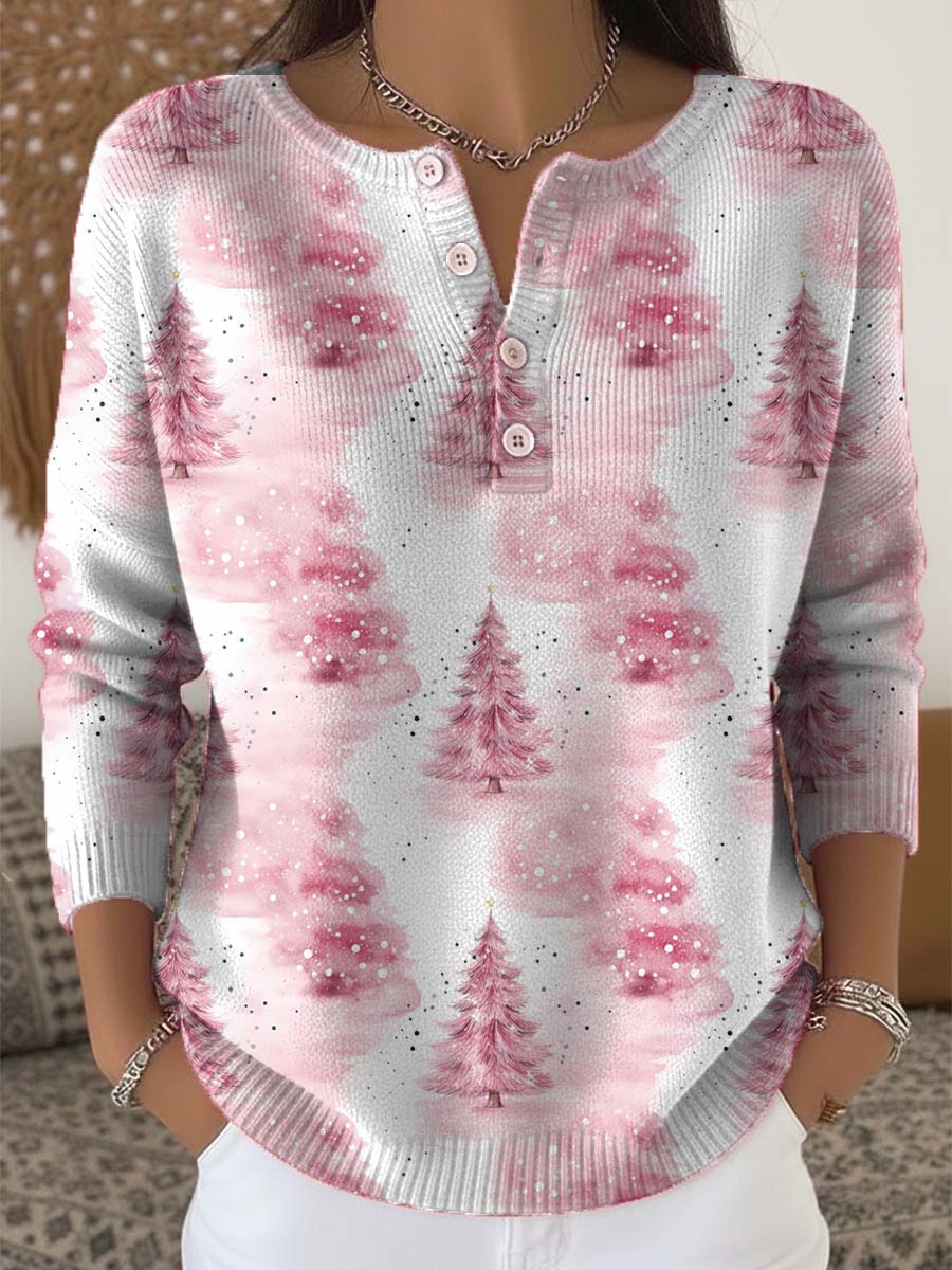 Women's Christmas Tree Art Print Buttoned Cardigan Sweater