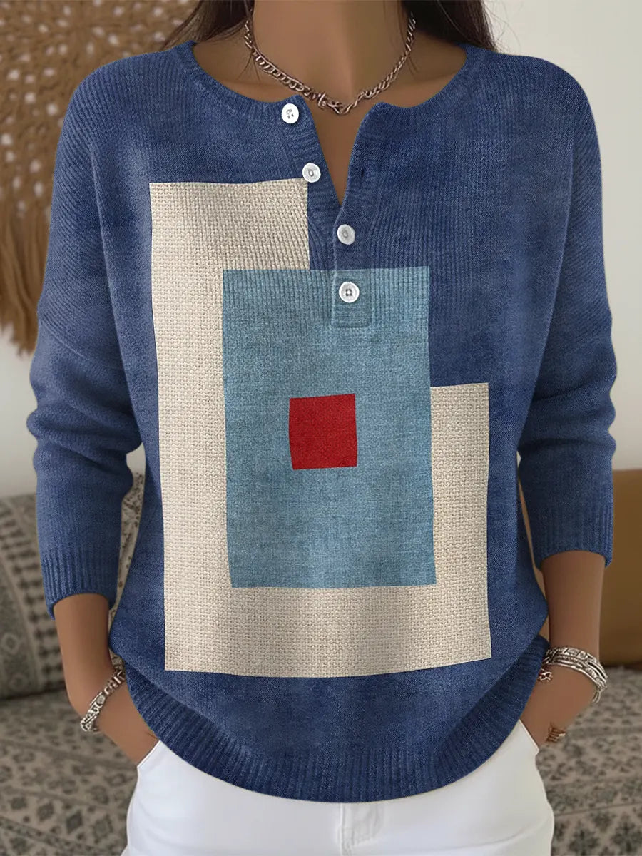 Blue Abstract Geometry Print Buttoned Cardigan Sweater