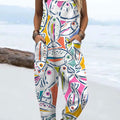 Women's  Retro Funny Fish Art Print Casual 100% Cotton Wide Leg Jumpsuit
