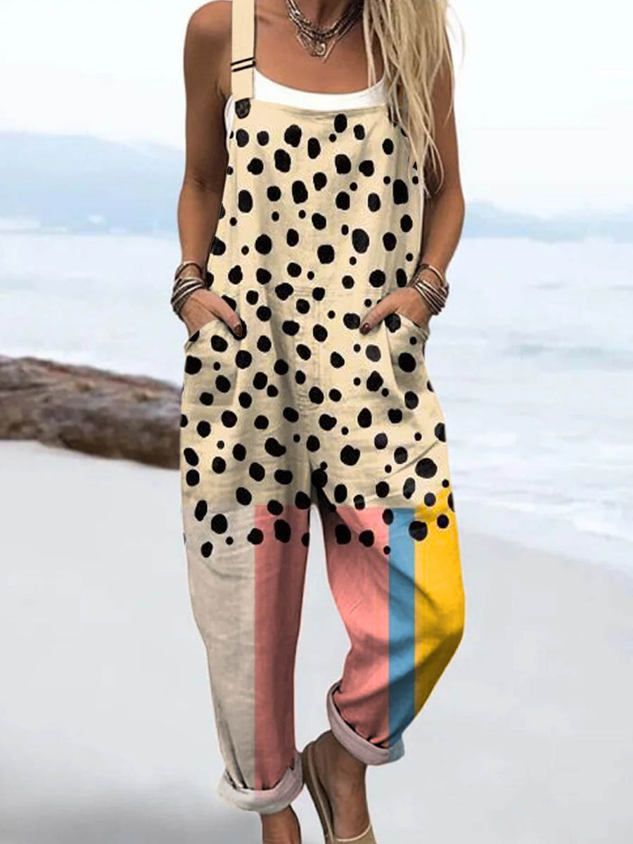 Women's Abstract Dot Pattern Art Print Casual 100% Cotton Wide Leg Jumpsuit