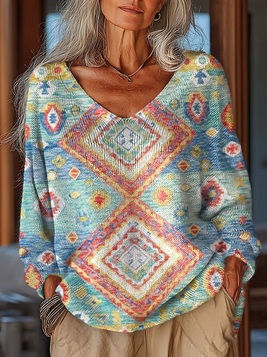 Women's Beautiful Vintage Diamond Geometric Pattern Art Print Casual Pullover Sweater
