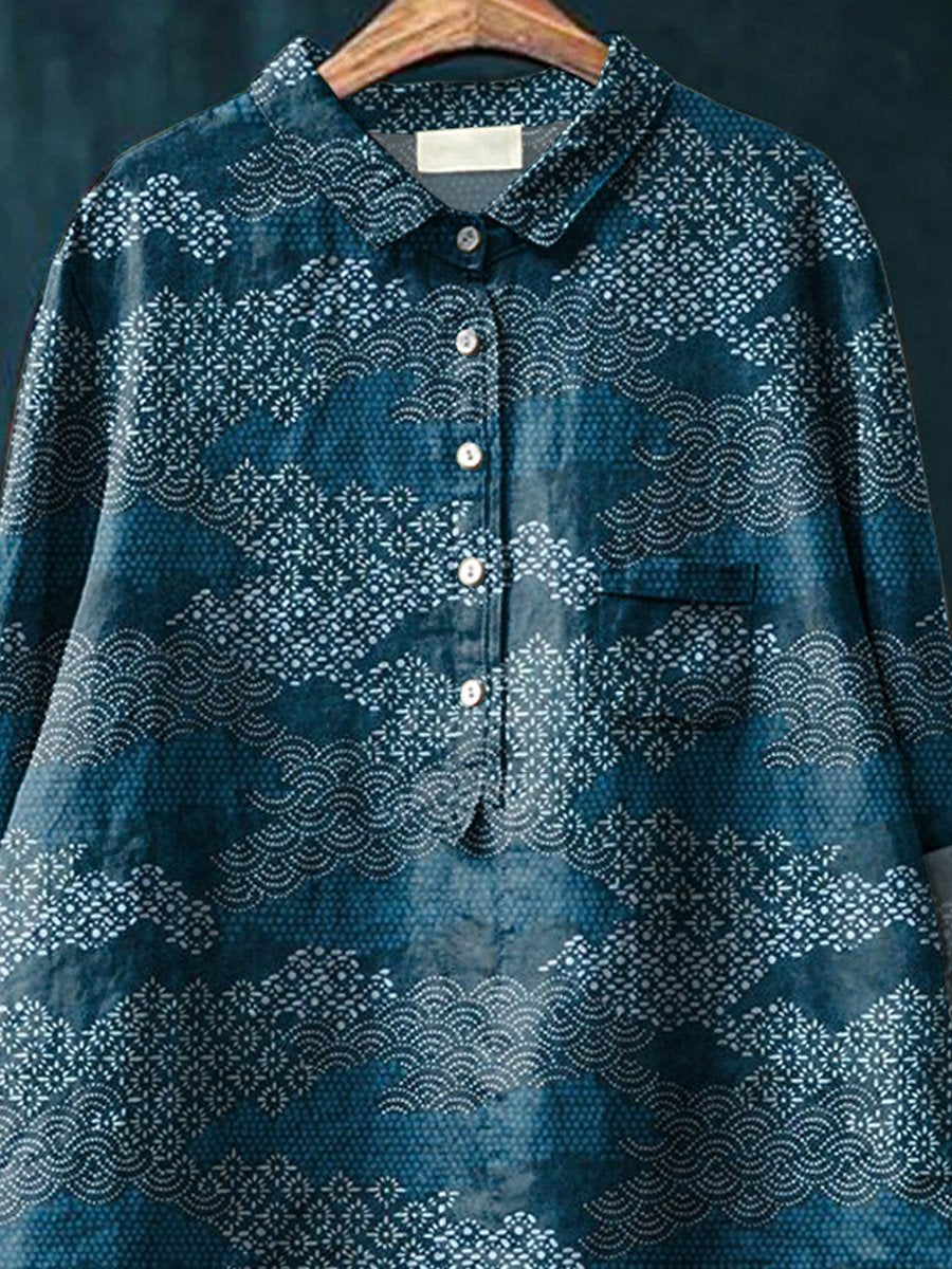 Japanese Style Vintage Pattern Printed Women's Casual Cotton And Linen Shirt