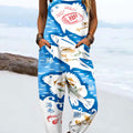 Women's Vintage Abstract Fish Art Print Casual 100% Cotton Wide Leg Jumpsuit