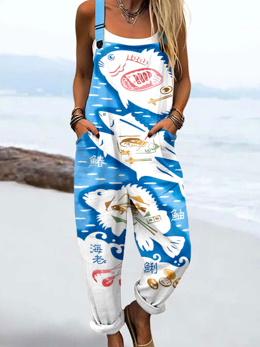 Women's Vintage Abstract Fish Art Print Casual 100% Cotton Wide Leg Jumpsuit
