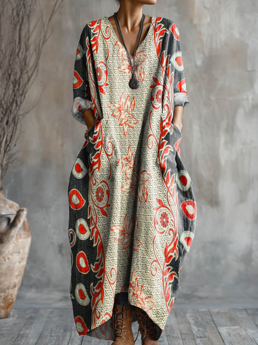 Women's Vintage Floral Art Pattern Print Pocket V-neck Cotton Dress