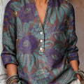 Women's Vintage Ethnic Floral Botanical Painting Art Print Casual Cotton And Linen Shirt