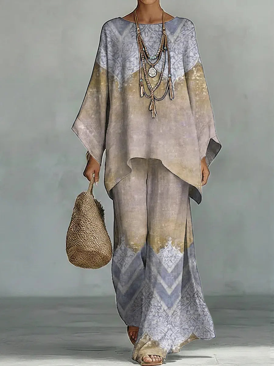 Women's Vintage Art Comfortable Loose Cotton Linen Wide-leg Pants Two-piece Set