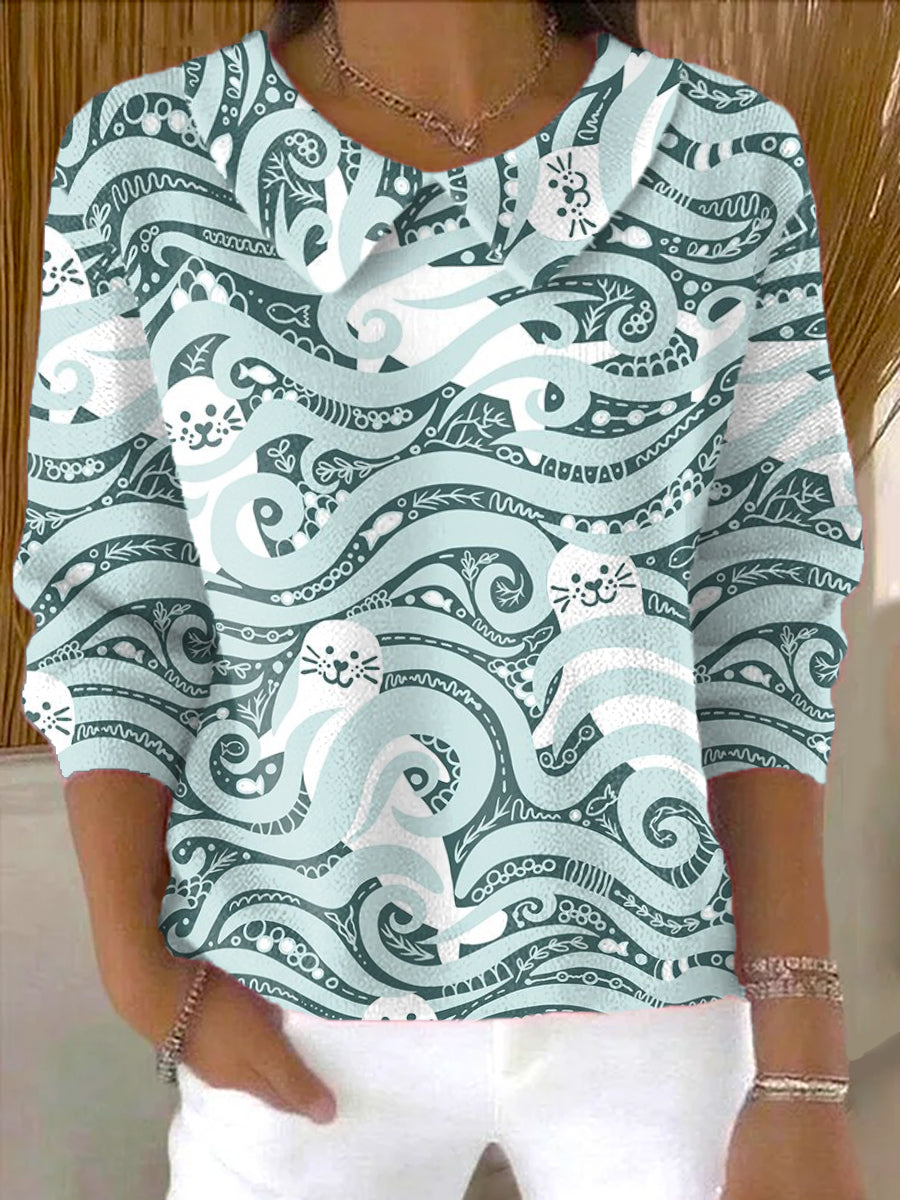 womens-seals-and-waves-art-pattern-casual-peter-pan-collar-3-4-sleeve-sweater