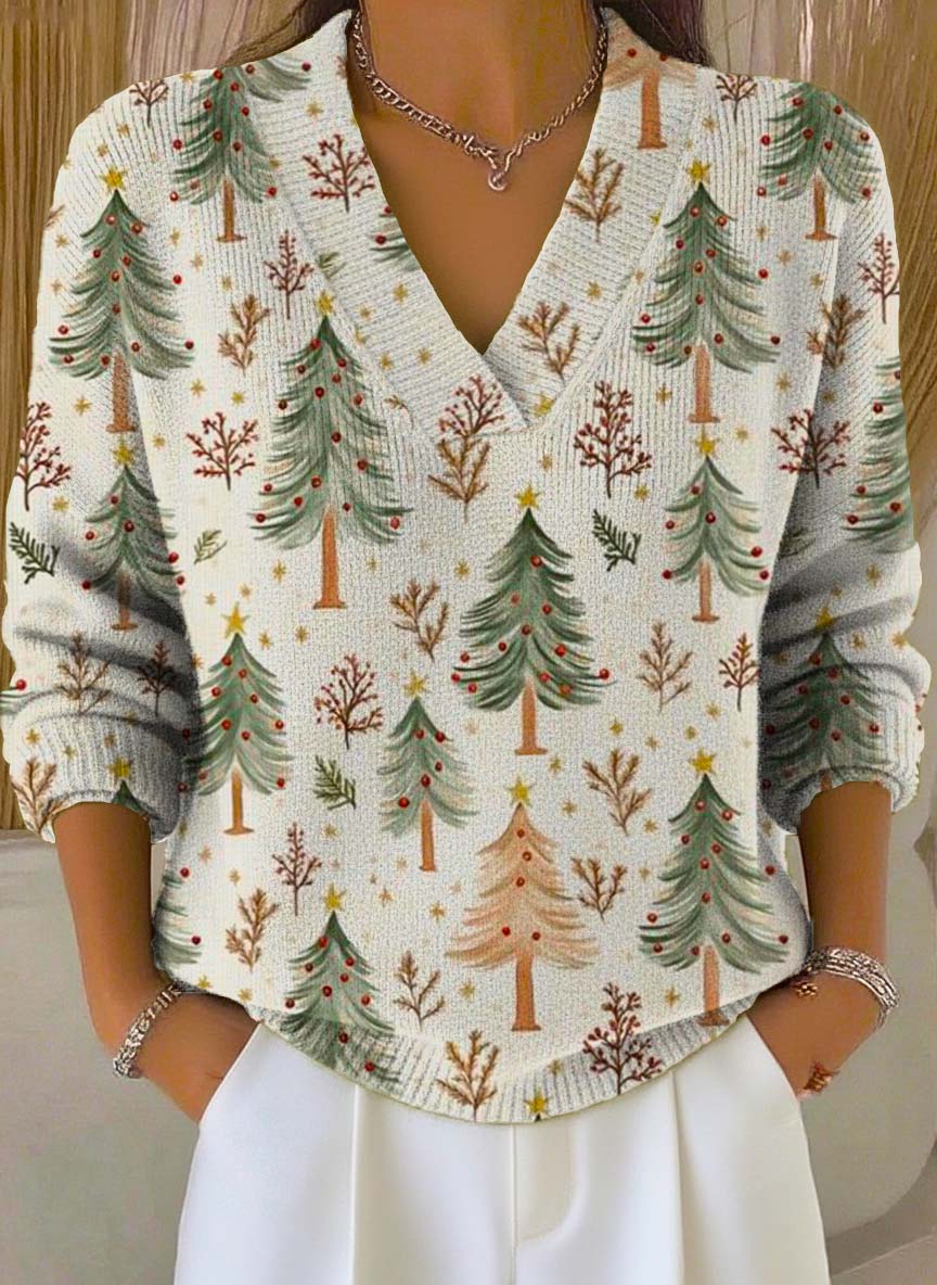 Women's Christmas Tree Art Print Buttoned Cardigan Sweater