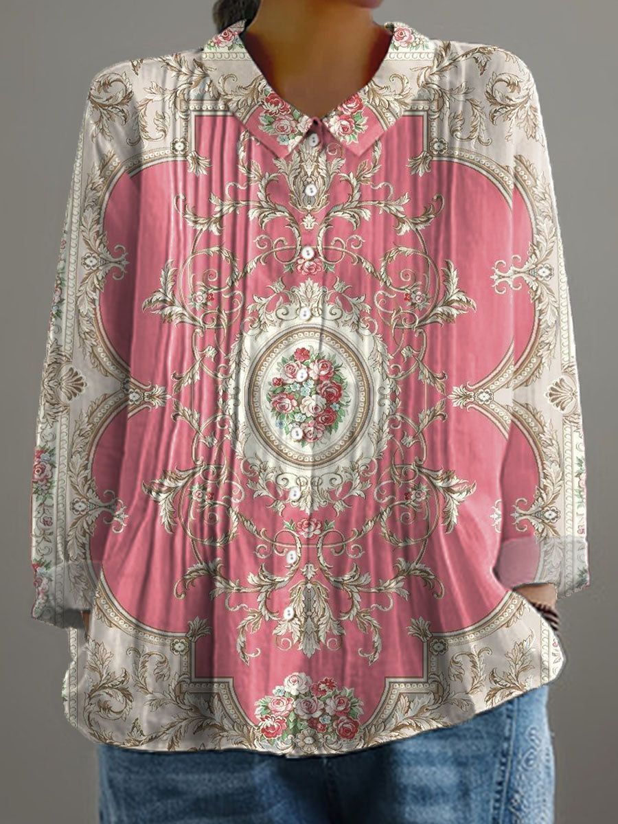 Women's Vintage Floral Art Print Casual Cotton And Linen Ruffle Shirt