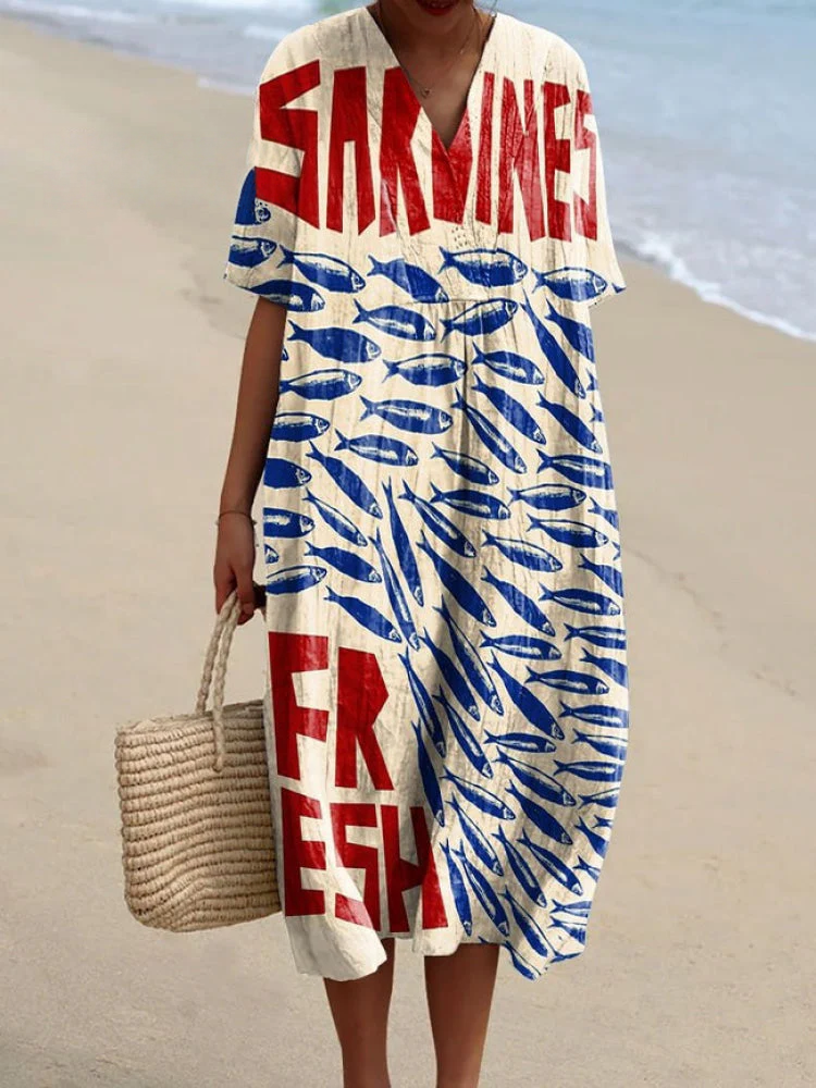Women's Vintage Sardines Fish Art Print Flowy Dress