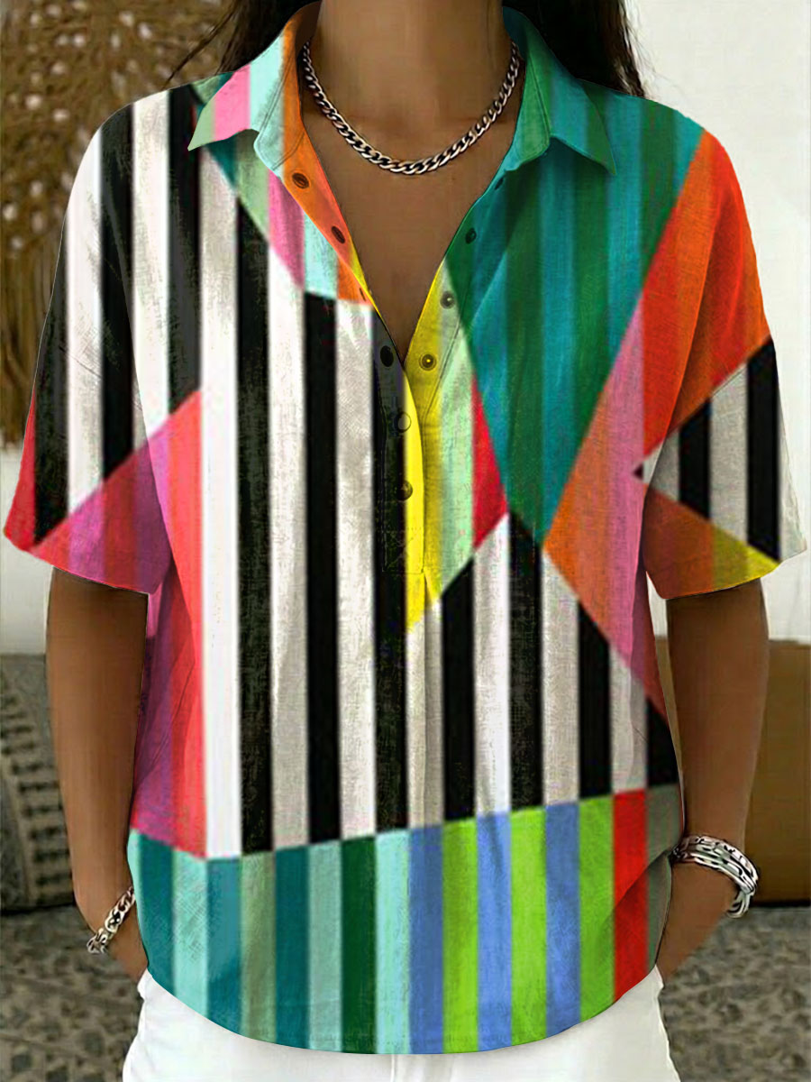 Women's Geometric Patterns Print Casual Cotton-linen Shirt
