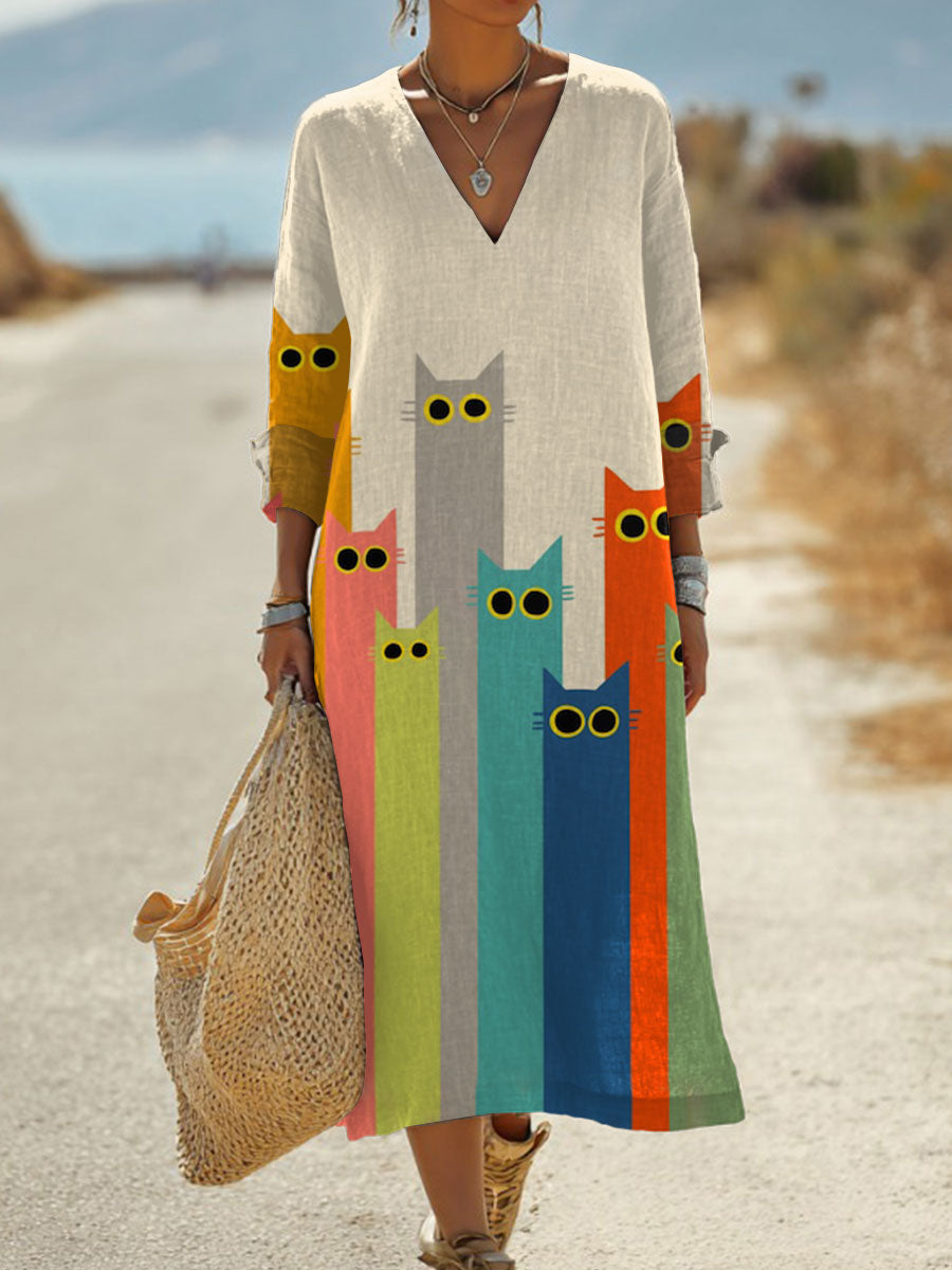 Women's  Rainbow Cat  Art Print Pocket Cotton Dress