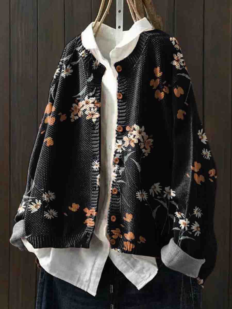 Women's Round Neck Floral Print Long Sleeve Button Cardigan