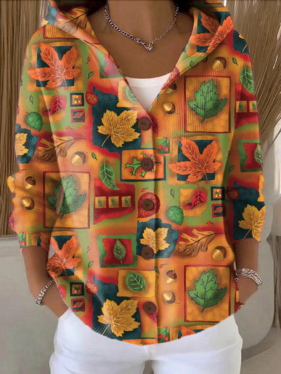 Women's Beautiful Winter Leaves Painting Art Print Casual Hooded Button Sweater