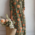Robe à poches en coton et lin imprimé floral vintage pour femme 