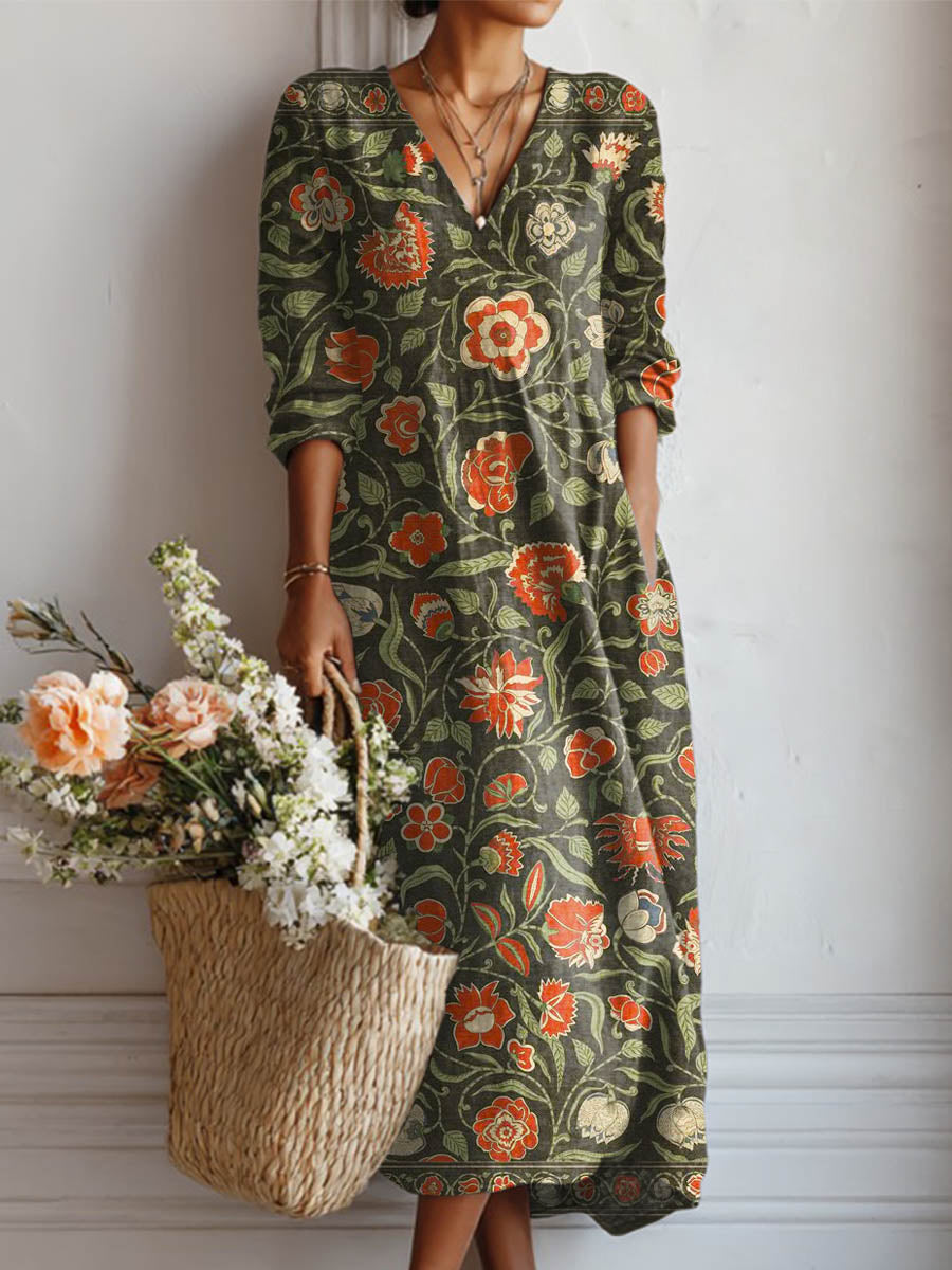 Women's Vintage Floral Pattern Art Print Cotton And Linen Pocket Dress