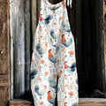 Women's Lovely Chicken Floral Art Print Casual 100% Cotton Wide Leg Jumpsuit