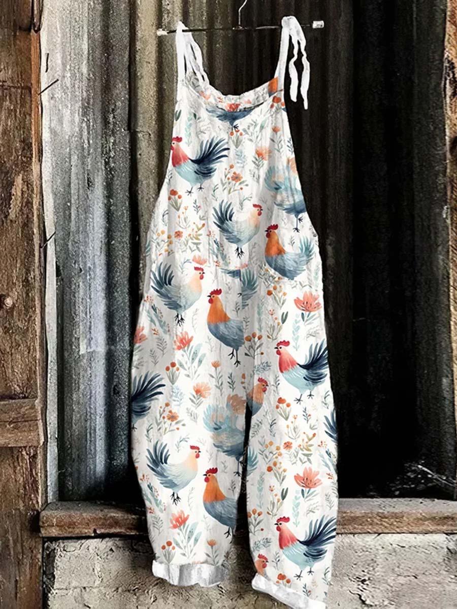 Women's Lovely Chicken Floral Art Print Casual 100% Cotton Wide Leg Jumpsuit