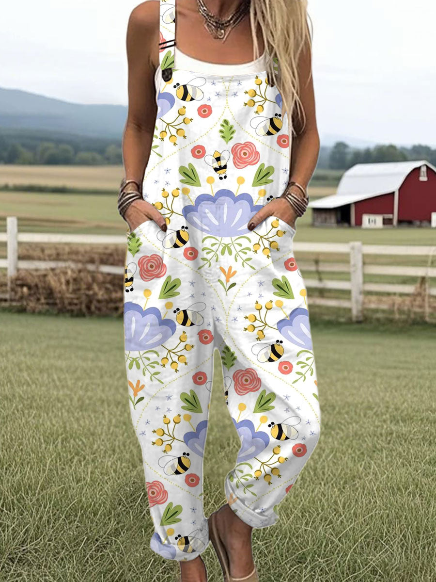 Women's  Funny Bee Art Print Casual 100% Cotton Wide Leg Jumpsuit