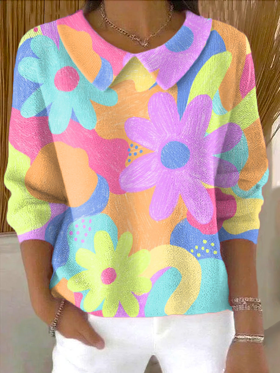 womens-beautiful-colorful-flower-painting-art-print-casual-peter-pan-collar-3-4-sleeve-sweater-szlr