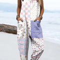 Women's Artistic Patchwork Flowers Print Casual 100% Cotton Wide Leg Jumpsuit
