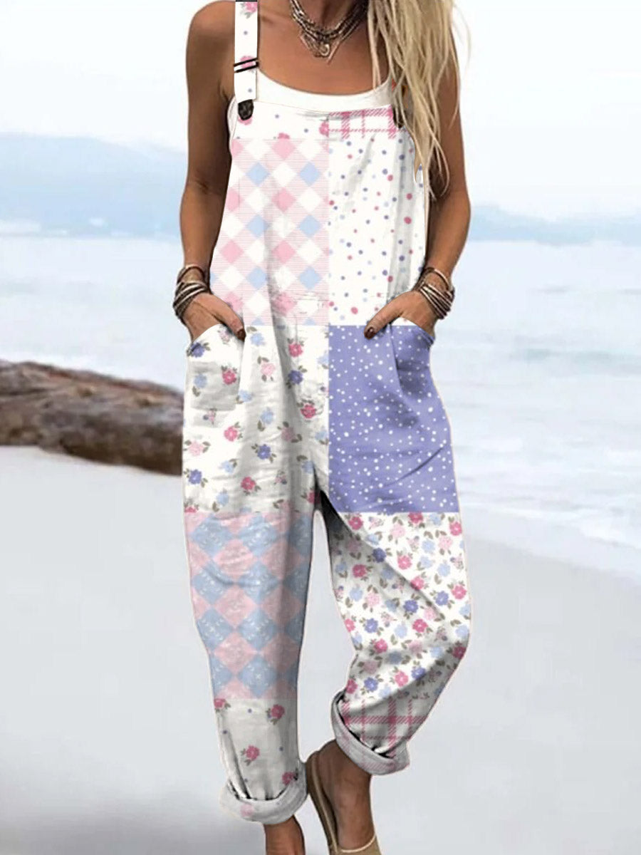 Women's Artistic Patchwork Flowers Print Casual 100% Cotton Wide Leg Jumpsuit