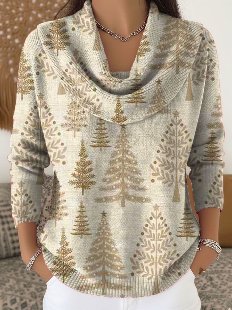 Women's Christmas Tree Art Print Cowl Neck Sweater