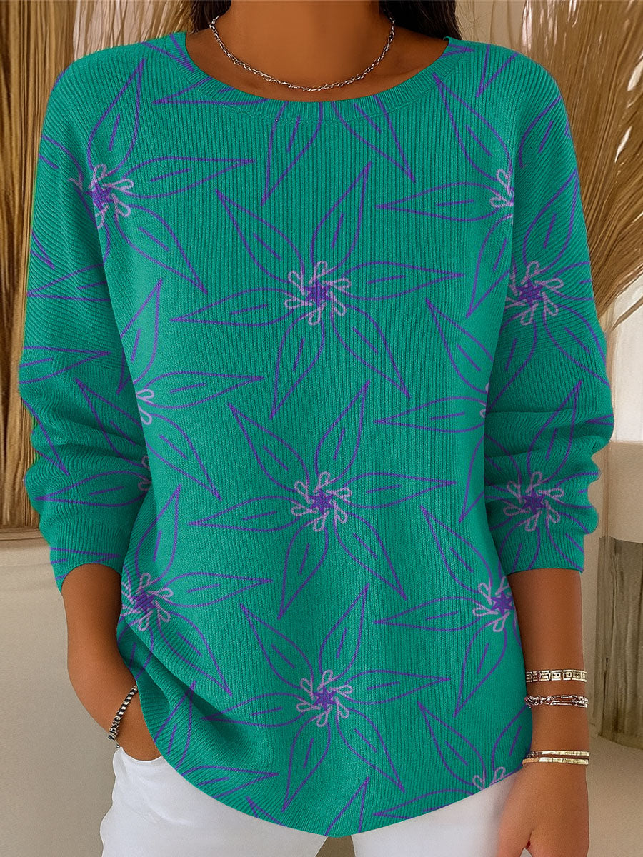 womens-green-line-flowers-print-casual-pullover-sweater