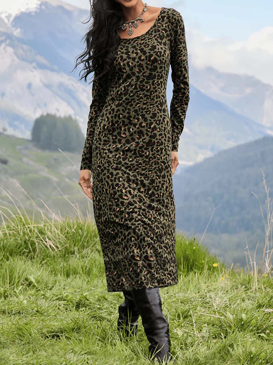 Women's Leopard Print Crew Neck Long Sleeve Casual Long Dress