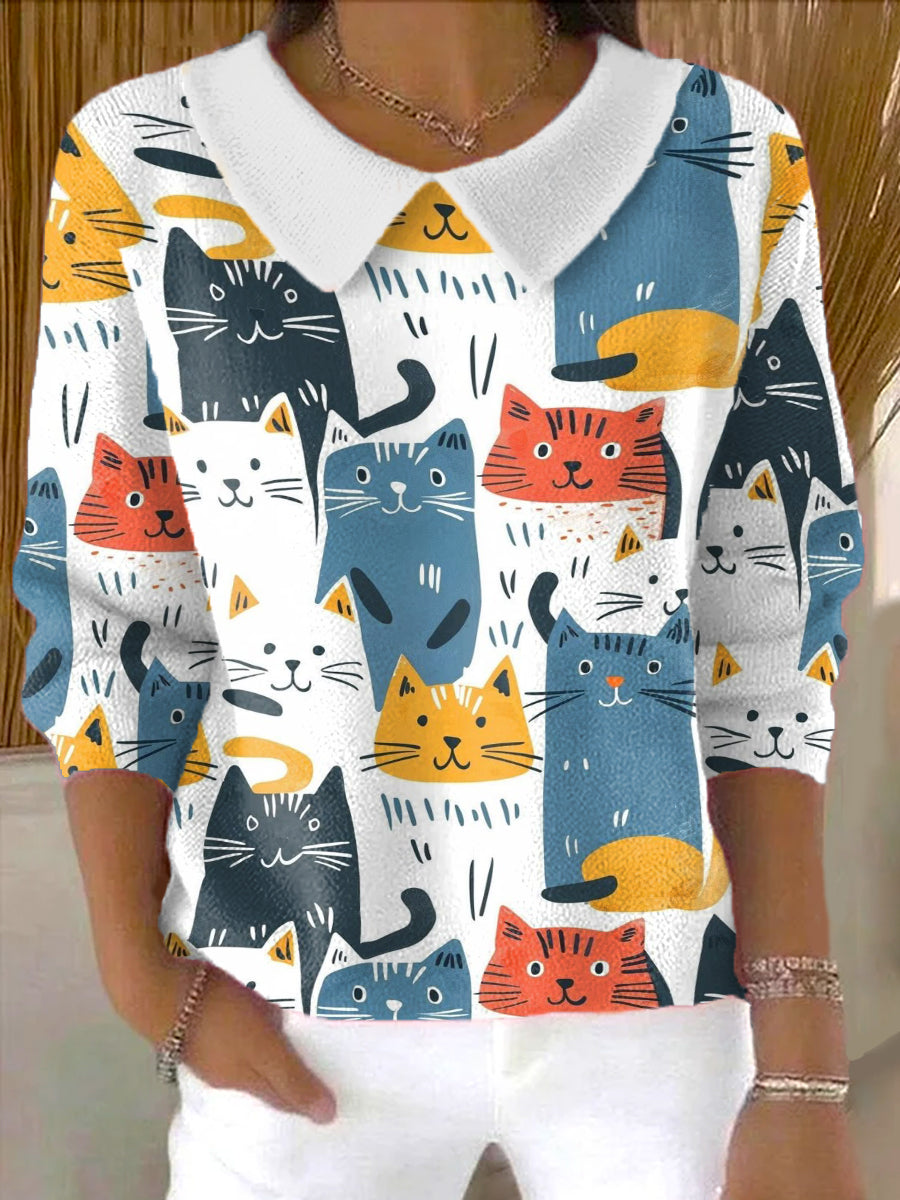 womens-multicolor-cats-art-pattern-casual-peter-pan-collar-3-4-sleeve-sweater