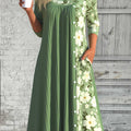 Green Patchwork Floral Print Long Sleeve Scoop Neck Dress