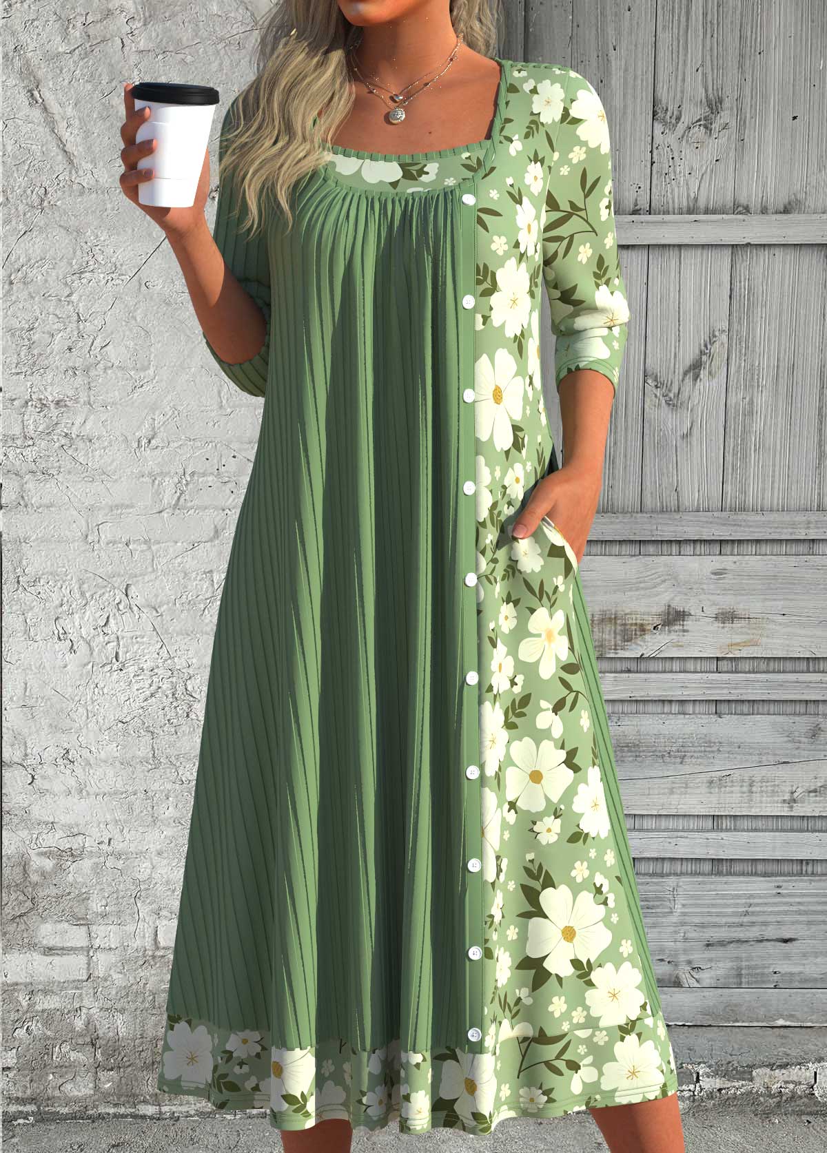 Green Patchwork Floral Print Long Sleeve Scoop Neck Dress