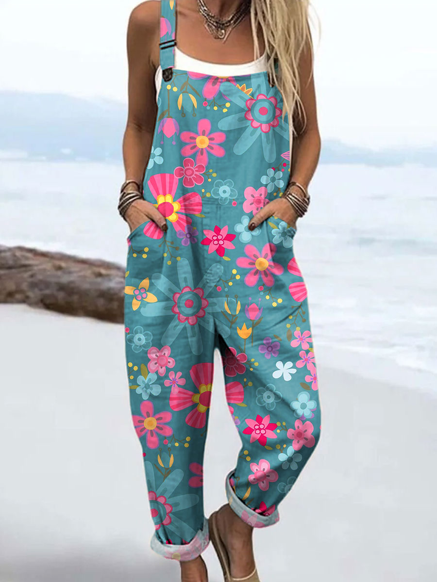 Women's Vintage Flower Art Print Casual 100% Cotton Wide Leg Jumpsuit