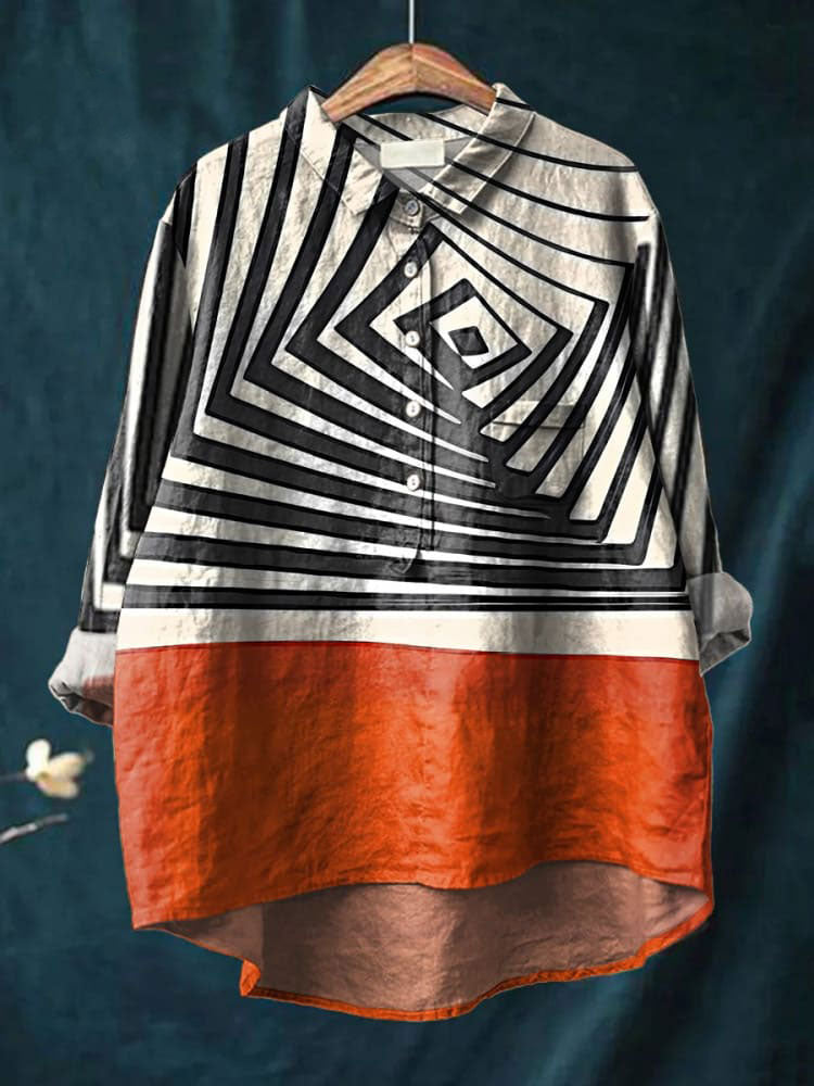 Women's Block Abstract Geometry Print Casual Cotton And Linen Shirt